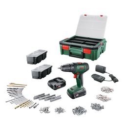 Akkuporakone Bosch UniversalDrill 18V 2x1,5 Ah akuilla + SystemBox + 241 tarviketta