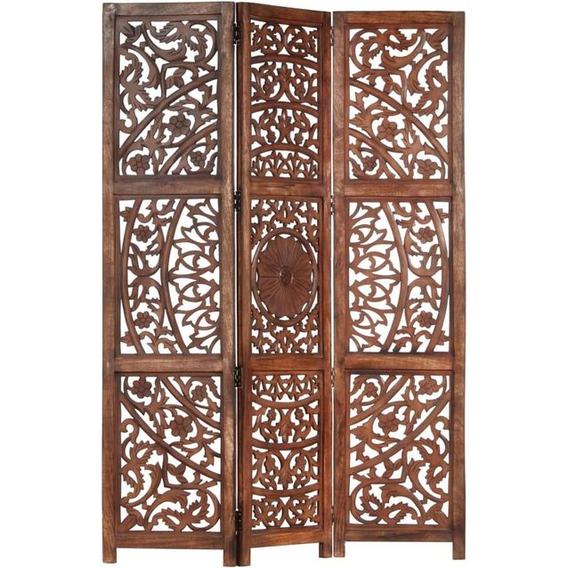 3-paneelinen tilanjakaja ruskea 120x165 cm täysi mangopuu_1