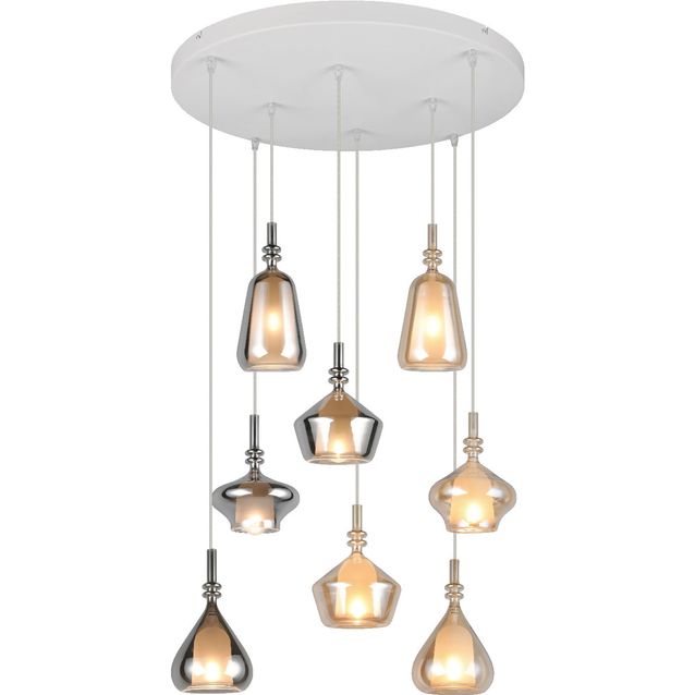 Riippuvalaisin Trio Aldea 8-osainen, 60cm, E14, meripihka/kromattu