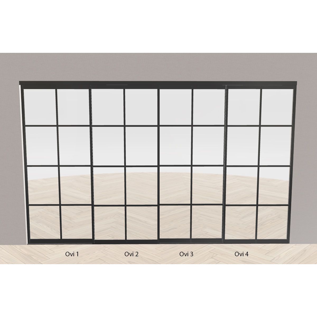 Tilanjakaja/liukuovi Mirror Line Ruudukko musta neljällä ovella matala malli mittatilaus mittakuva