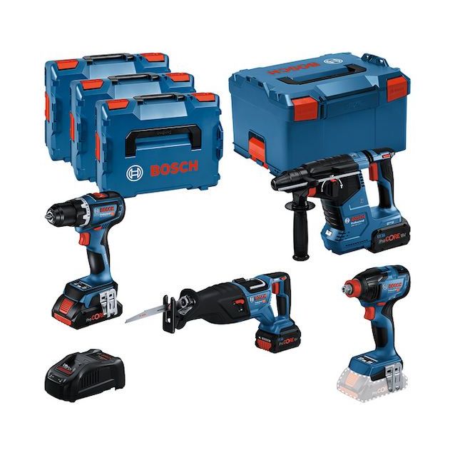 Akkukonesarja Bosch Professional 4 osaa 18V 4,0+2x5,5 Ah akuilla + 4x L-Boxx