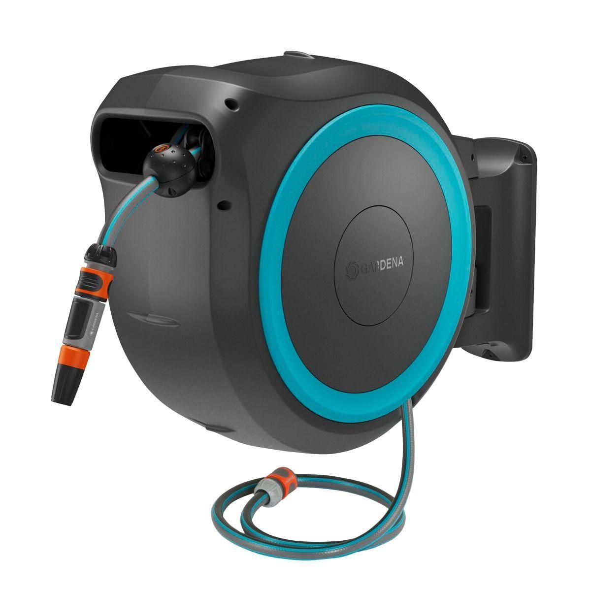 Akkutoiminen seinäletkukela Gardena PowerRoll XL 35m turkoosi 18V 2,5 Ah akulla