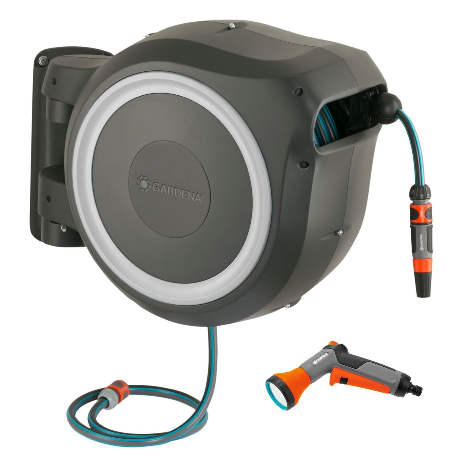 Seinäletkukela Gardena RollUp XL 35 m valkoinen kastelupistoolilla