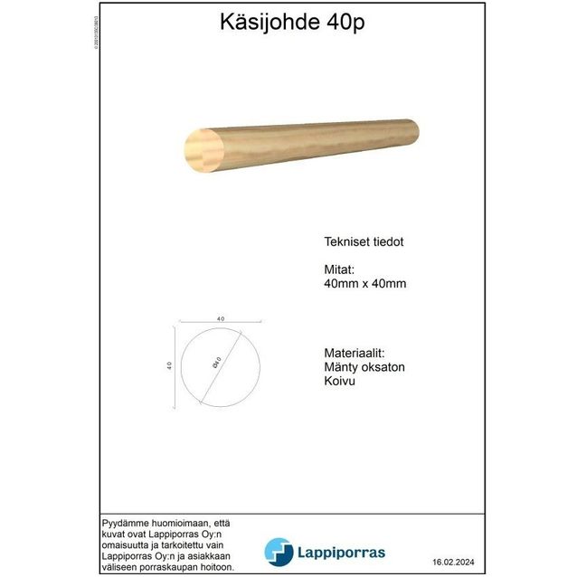 Käsijohde 40P mittakuva
