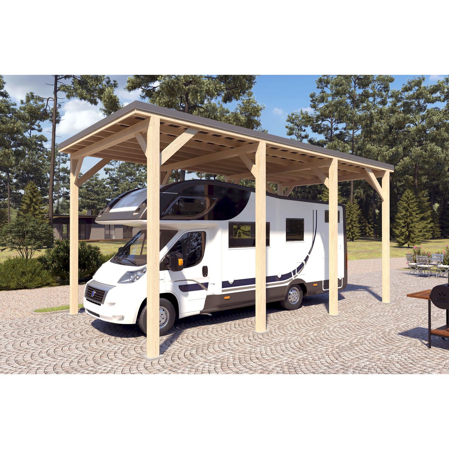 Matkailuautokatos Holzbrüder Ralf 28m2, kyllästetty, kattopelti tummanharmaa RR23