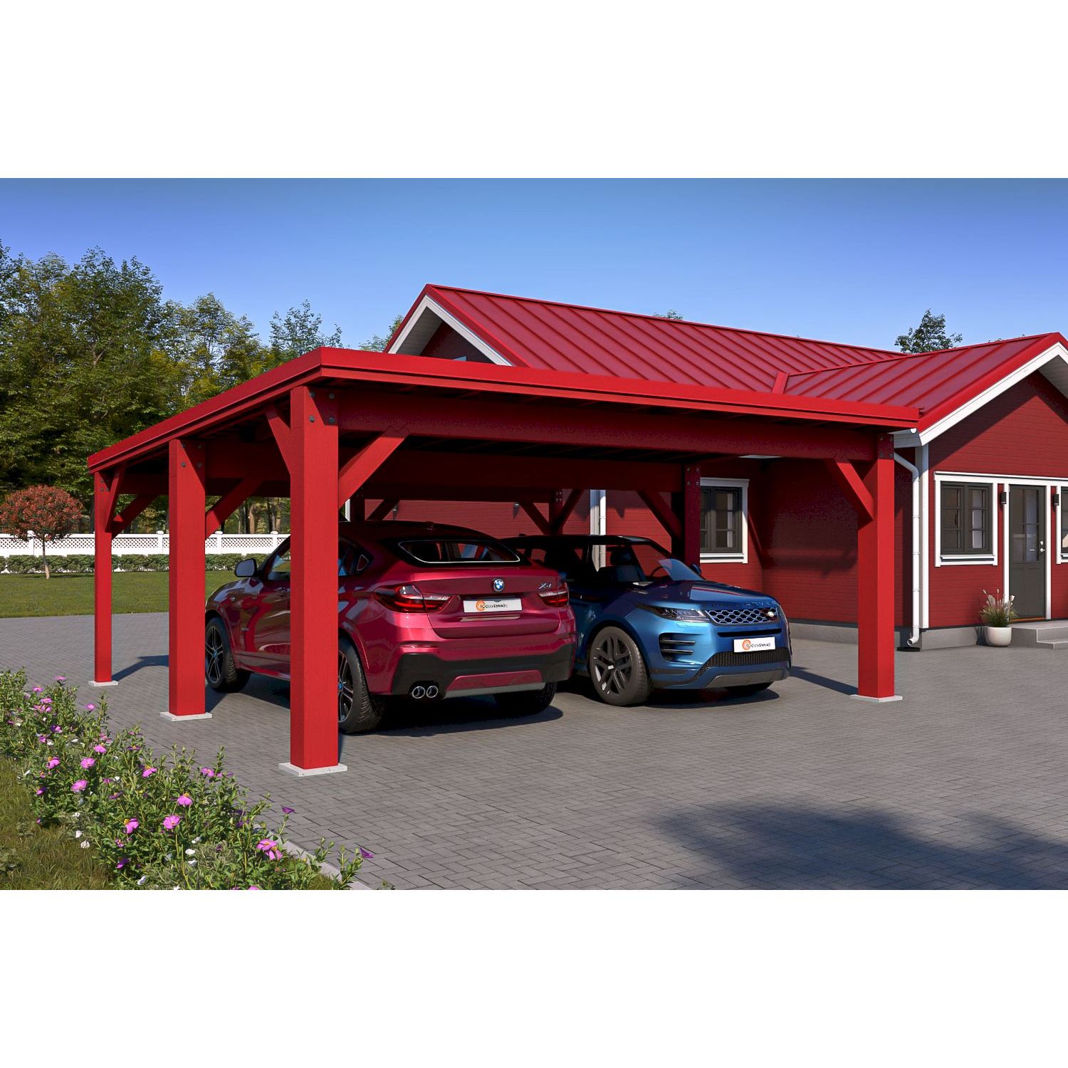 Autokatos Holzbrüder Ralf 36m2, kantavuus 250 kg/m2, oksidipunainen RAL 3009, kattopelti havunvihreä RR11