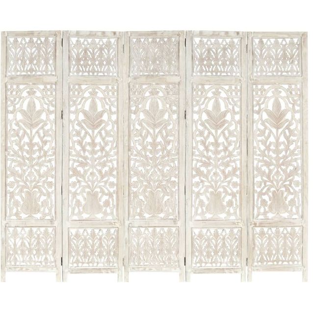 5-paneelinen tilanjakaja valkoinen 200x165 cm täysi mangopuu_1