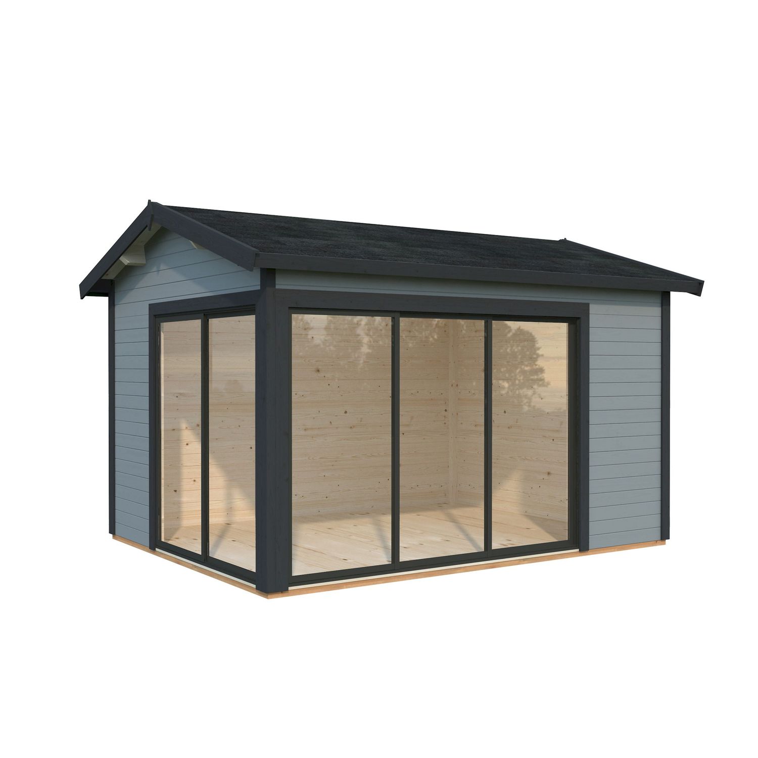 Kesähuone Palmako Amanda, sis. tuplalasilla liukuovet, 11,2 m2, seinät vaaleanharmaa RAL7042 / ovet ja räystäslaudat antrasiitti RAL7016