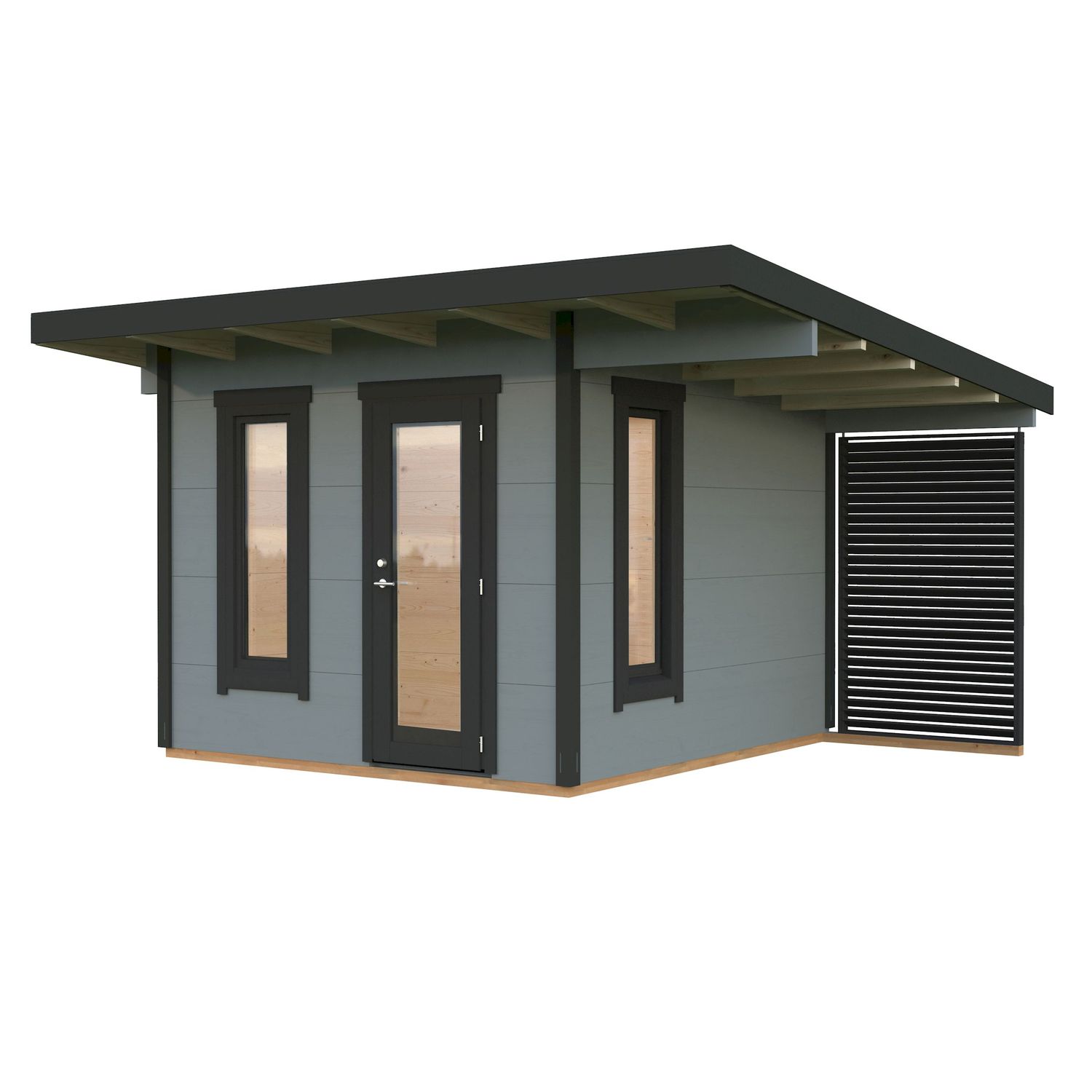 Vierasmaja Palmako Grace, 8,1+4,1m², seinät vaaleanharmaa RAL7042 / ovet, ikkunat ja räystäslaudat antrasiitti RAL7016