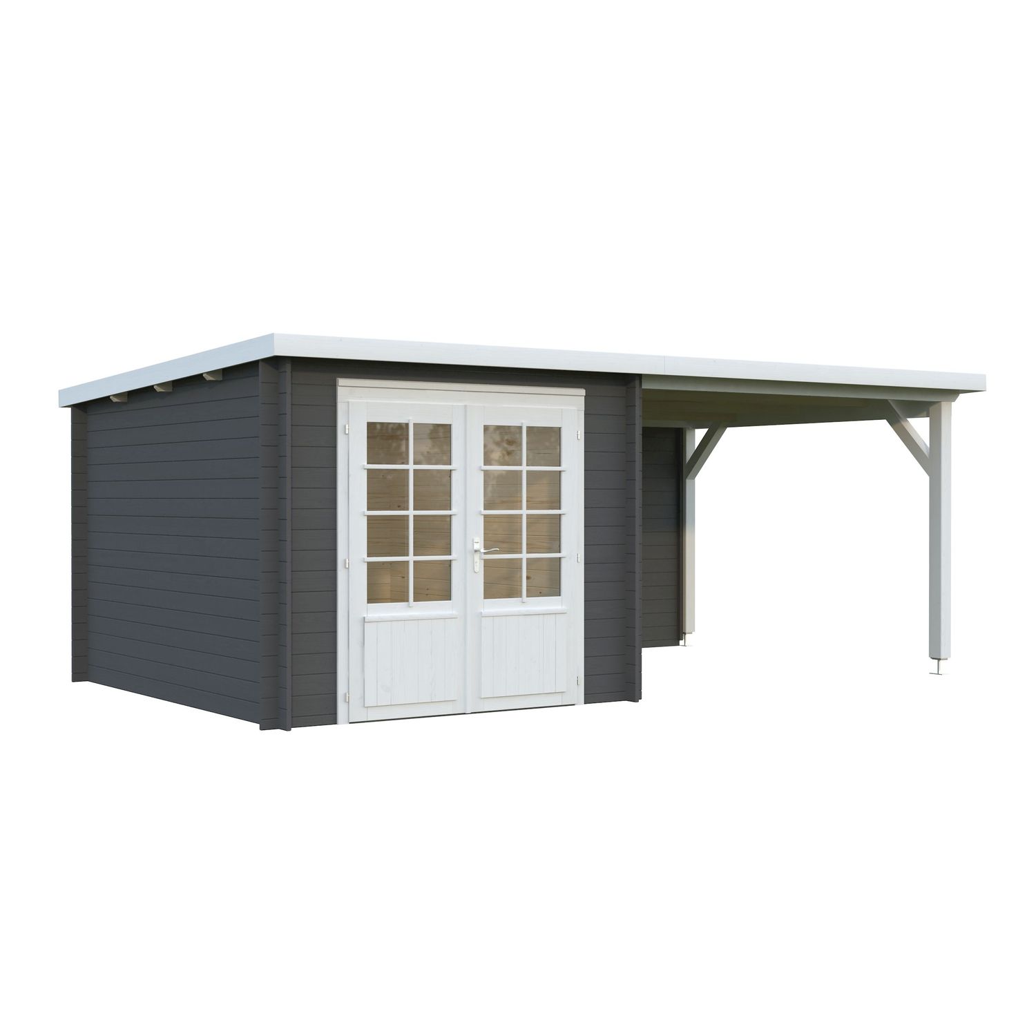 Vierasmaja Palmako Ella, 6,9+8,2m², seinät harmaa RAL7012 / ovet ja räystäslaudat valkoinen RAL7016