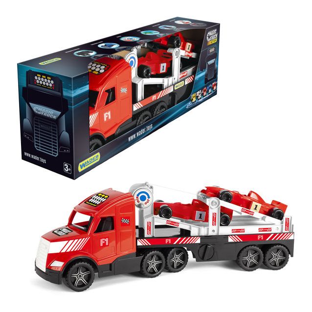 Leluautonkuljetusauto Wader Magic Truck Action, 79cm, 2 formula-autolla