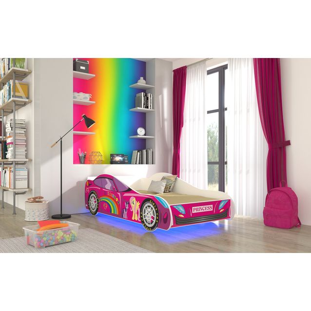 Sänky ADRK CAR PINK 160x80, patjalla ja LED-valaistuksella