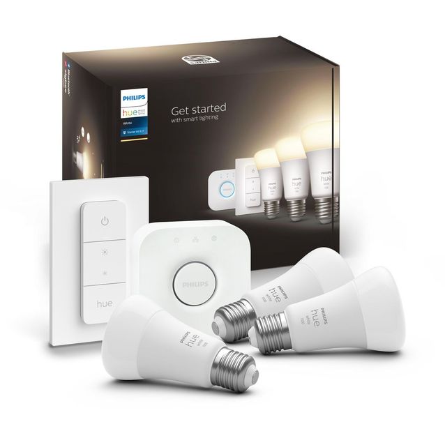 Aloituspakkaus Philips Hue White 3 x älylamppu (9,5W A60 E27) kytkin ja Hue-silta
