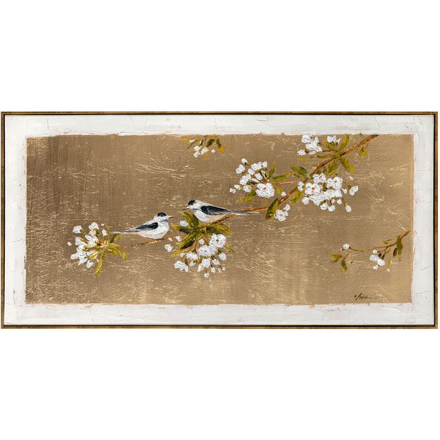 Painting with frame 60x120cm, bird on gold