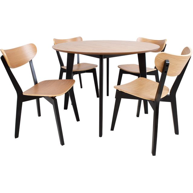 Dining set ROXBY round table, 4 chairs, oak/black