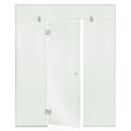 Saunan lasiseinä Andres Glass, ovi, iso lisäpala, kaksi korkeaa ikkunaa, saranat keskellä, vasen