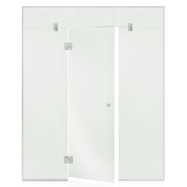 Saunan lasiseinä Andres Glass, ovi, lisäpala, kaksi korkeaa ikkunaa, saranat keskellä