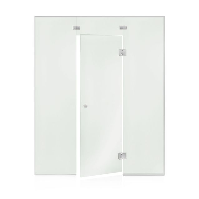 Saunan lasiseinä Andres Glass, ovi, lisäpala ja kaksi korkeaa ikkunaa, saranat keskellä