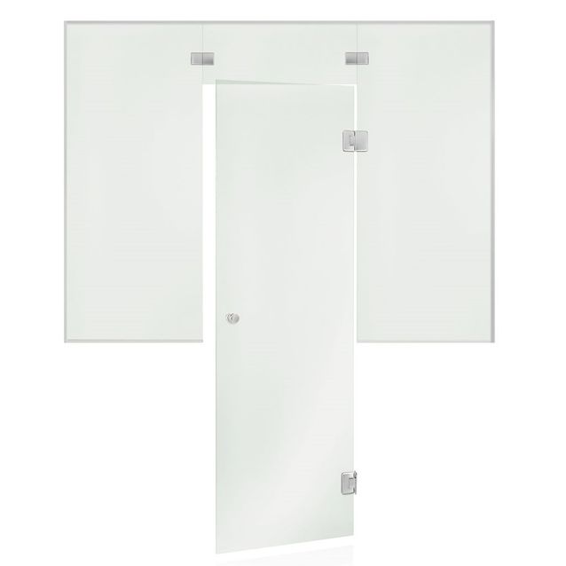 Saunan lasiseinä Andres Glass, ovi, lisäpala ja kaksi ikkunaa, saranat keskellä