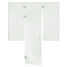 Saunan lasiseinä Andres Glass, ovi, lisäpala ja kaksi ikkunaa, saranat keskellä, vasen