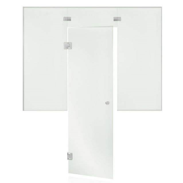 Saunan lasiseinä Andres Glass, ovi, lisäpala ja kaksi ikkunaa, saranat keskellä, vasen