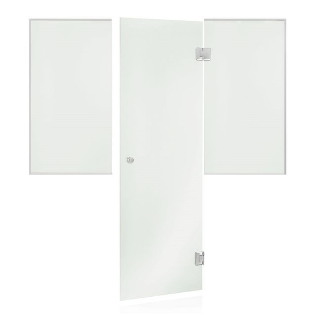 Saunan lasiseinä Andres Glass, ovi ja kaksi ikkunaa, saranat keskellä