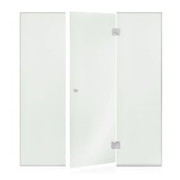 Saunan lasiseinä Andres Glass, ovi, kaksi korkeaa ikkunaa, saranat keskellä, oikea