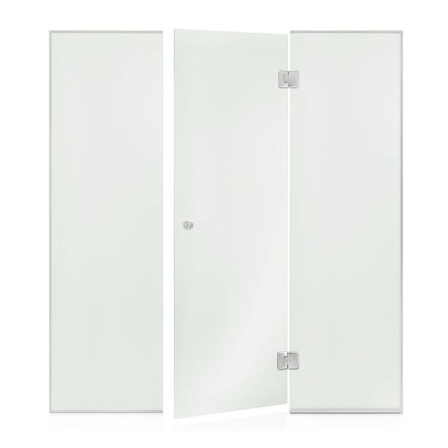 Saunan lasiseinä Andres Glass, ovi, kaksi korkeaa ikkunaa, saranat keskellä