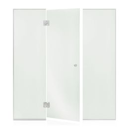 Saunan lasiseinä Andres Glass, ovi, kaksi korkeaa ikkunaa, saranat keskellä, vasen