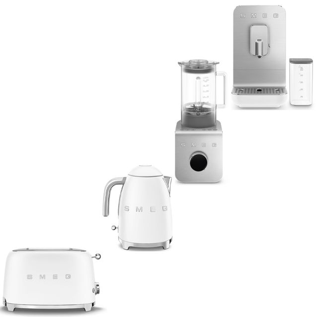 Tuotepaketti Smeg - leivänpaahdin TSF01, vedenkeitin KLF03 1,7 l, espressokone BCC13 ja ja tehosekoitin BLC01, valkoinen