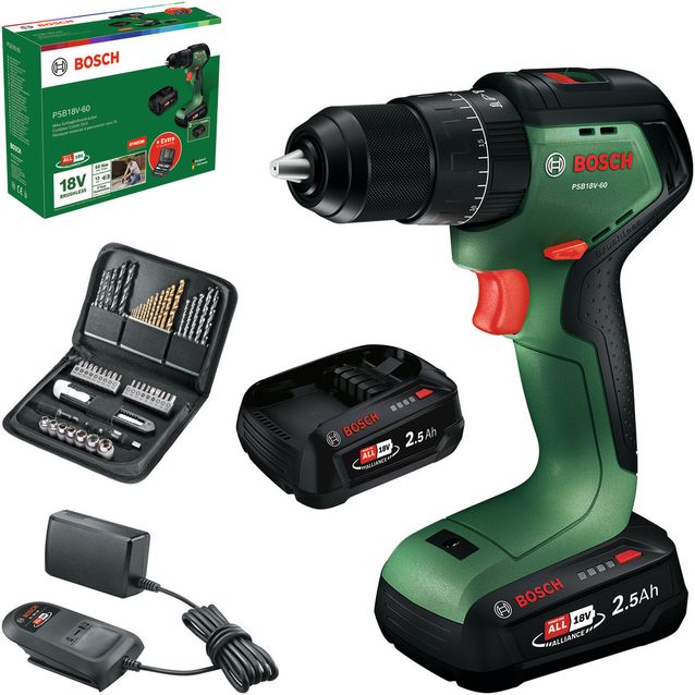 Akkuiskuporakone Bosch PSB18V-60 18V 2x2,5 Ah akuilla + 51-os. tarvikesarja, salkku