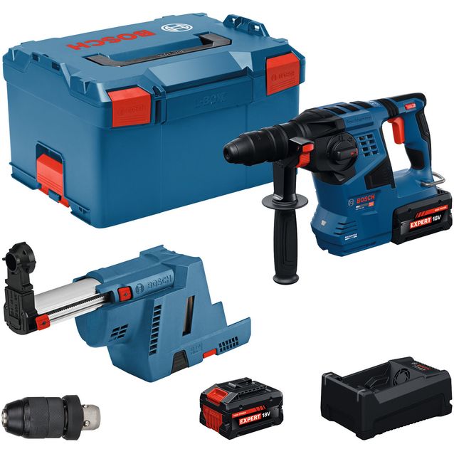 Akkuporavasara Bosch Professional GBH18V-28F 18V 2x8,0 Ah akuilla + L-Boxx pikaistukka, GDE-pölynpoistoadapteri