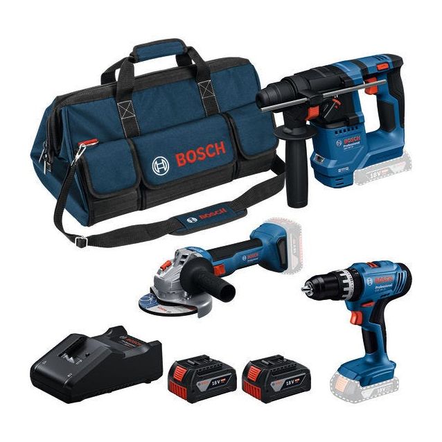 Akkukonesarja Bosch Professional GSB/GBH/GWS 3 osaa 18V 2x4,0 Ah akuilla + laukku
