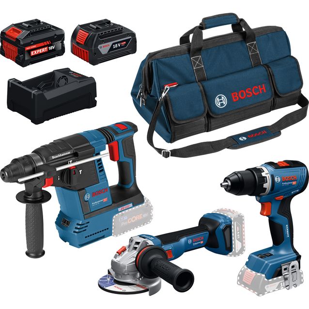 Akkukonesarja Bosch Professional GSR/GBH/GWS 3 osaa 18V 5,0+5,5 Ah akuilla + laukku
