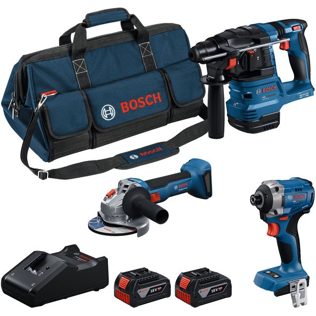 Akkukonesarja Bosch Professional GDR + GBH + GWS 18V 2x4,0 Ah akuilla + laukku
