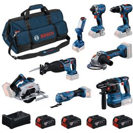 Akkukonesarja Bosch Professional GBH/GWS/GDR/GSB/GKS/GSA/GOP/GLI 8 osaa 18V 4x5,0 Ah akuilla + laukku
