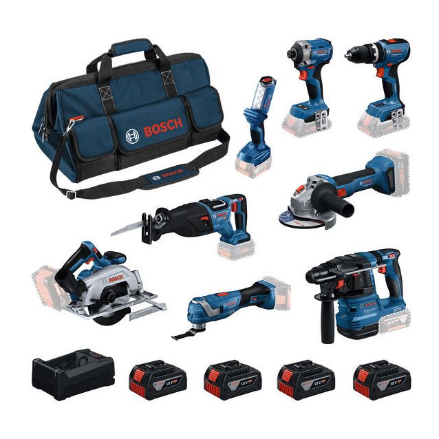 Akkukonesarja Bosch Professional GBH/GWS/GDR/GSB/GKS/GSA/GOP/GLI 8 osaa 18V 4x5,0 Ah akuilla + laukku