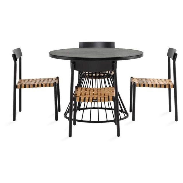 Ruokailuryhmä Cage Ø110cm, 4 Buckle-ruokatuolia, musta/ruskea