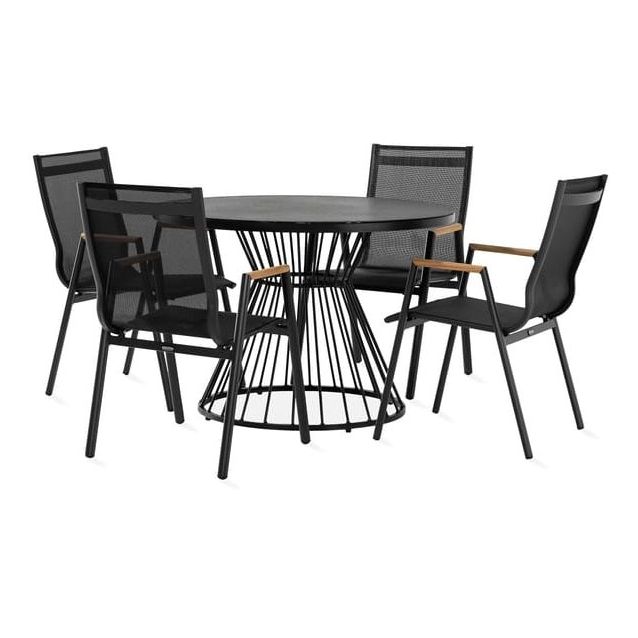 Ruokailuryhmä Cage Ø110cm, 4 Las Vegas -karmituolia, musta/tiikki