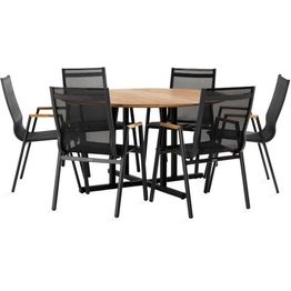 Ruokailuryhmä Lines Ø140cm, 6 Las Vegas -karmituolia, musta/tiikki