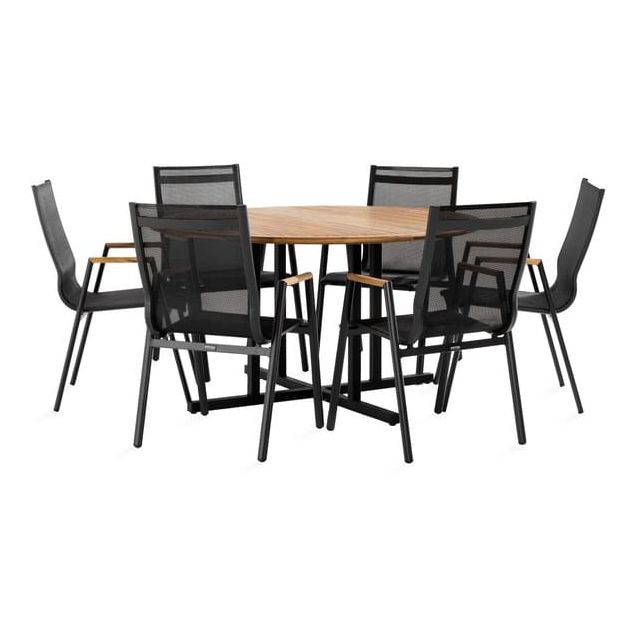 Ruokailuryhmä Lines Ø140cm, 6 Las Vegas -karmituolia, musta/tiikki