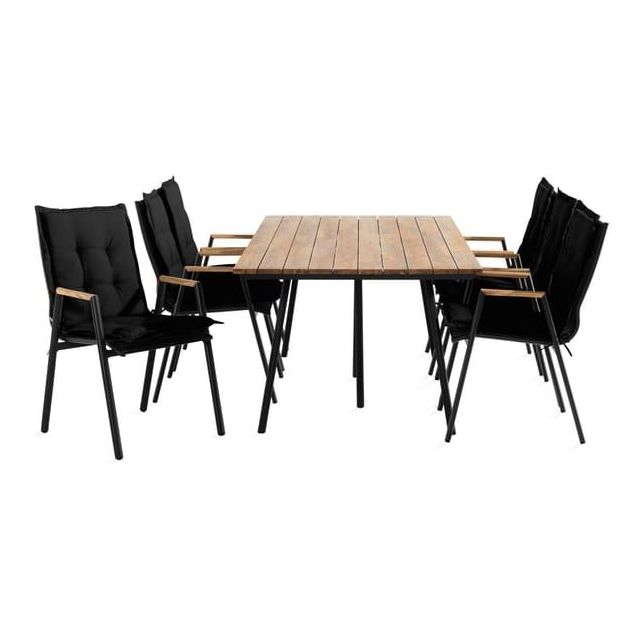 Ruokailuryhmä Trio 200x100cm, 6 Las Vegas -karmituolia, musta/tiikki + pehmusteet, eri värejä