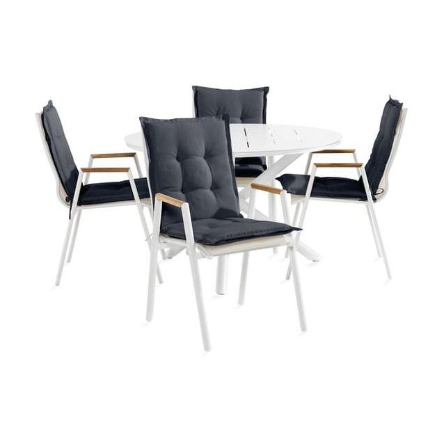 Ruokailuryhmä Space Ø120cm, 4 Las Vegas -karmituolia, valkoinen/tiikki + pehmusteet, eri värejä