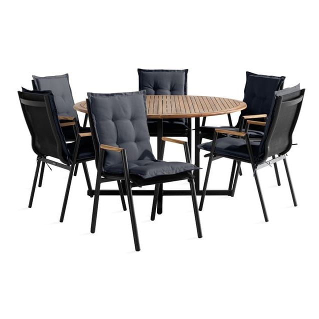 Ruokailuryhmä Lines Ø140cm, 6 Las Vegas -karmituolia, musta/tiikki + pehmusteet, eri värejä