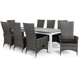 Ruokailuryhmä Monaco 220-280cm, 8 Jenny-tuolia, valkoinen/harmaa + mustat pehmusteet