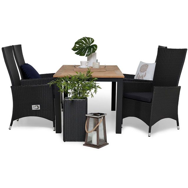 Ruokailuryhmä Las Vegas 152-210cm, 4 Jenny-tuolia, musta/tiikki + tummanharmaat pehmusteet