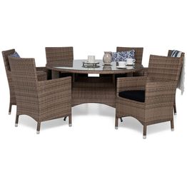 Ruokailuryhmä Thor Ø140cm, 6 Thor Lyx -nojatuolia, hiekka + mustat pehmusteet