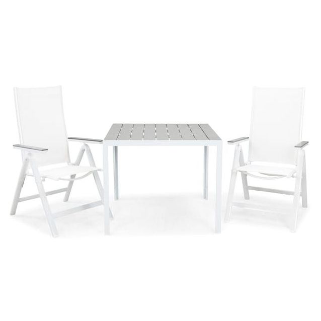 Ruokailuryhmä Tunis 90x90cm, 2 Monaco-säätötuolia, valkoinen/harmaa
