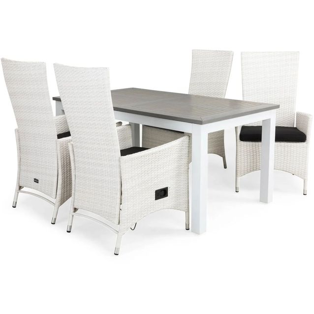 Ruokailuryhmä Monaco 152-210cm, 4 Jenny-tuolia, valkoinen/harmaa + mustat pehmusteet