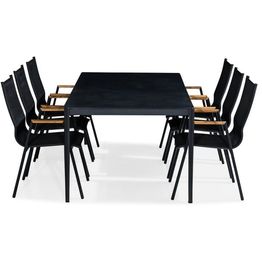 Ruokailuryhmä Alex 200x100cm, 6 Las Vegas -karmituolia, musta/harmaa/tiikki